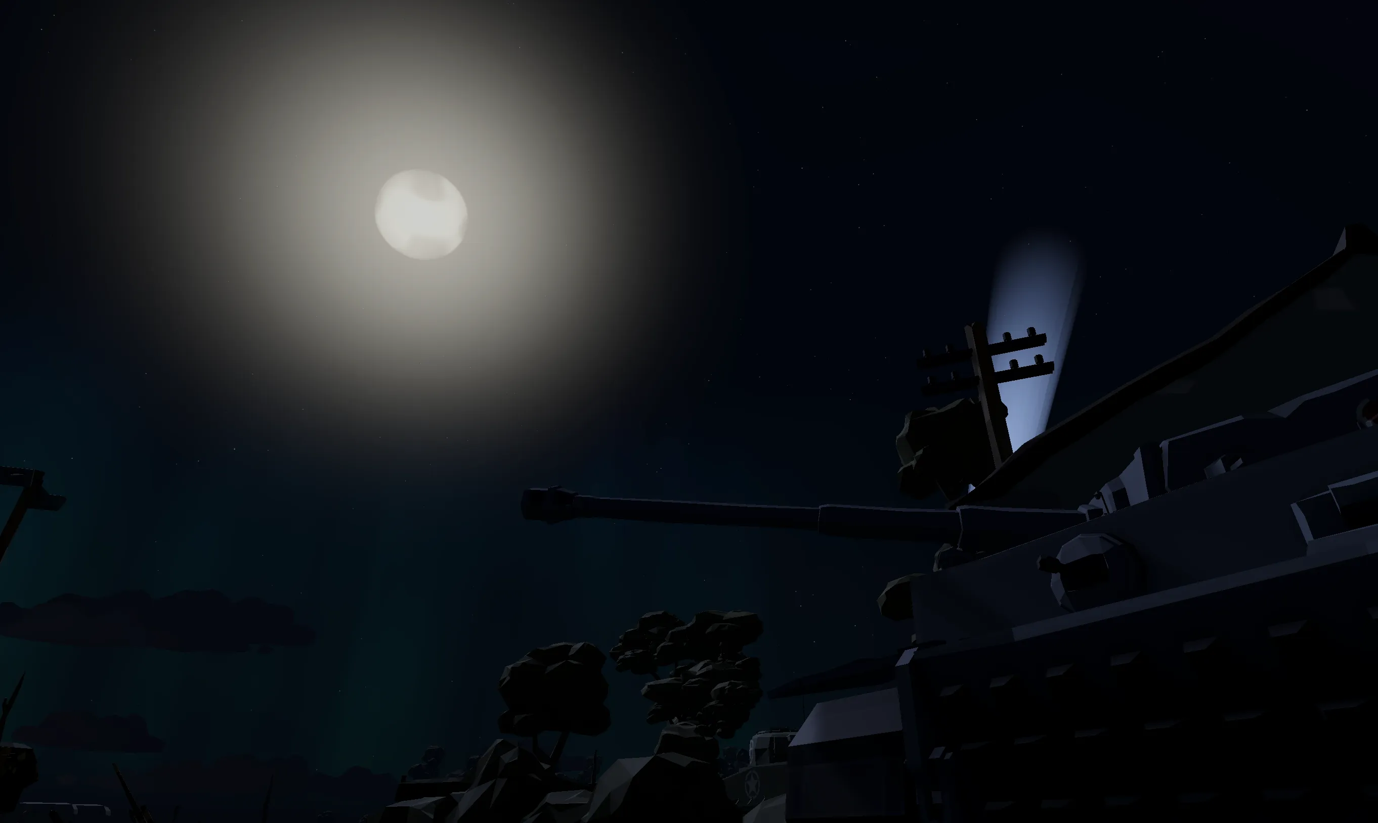 A tank silhouetted under a full moon in heavy night fog.